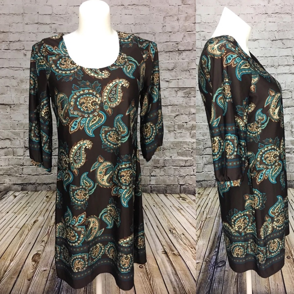 Brown w Paisley Pattern‎ Silky Pullover Dress